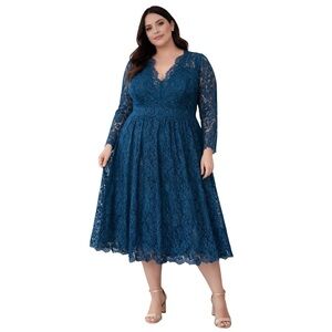 ASOS Teal Lace Midi Dress with V-Neck and Long Sleeves